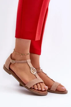 Płaskie Sandały Damskie Ze Złotą Ozdobą Vinceza 17321 Beżowe