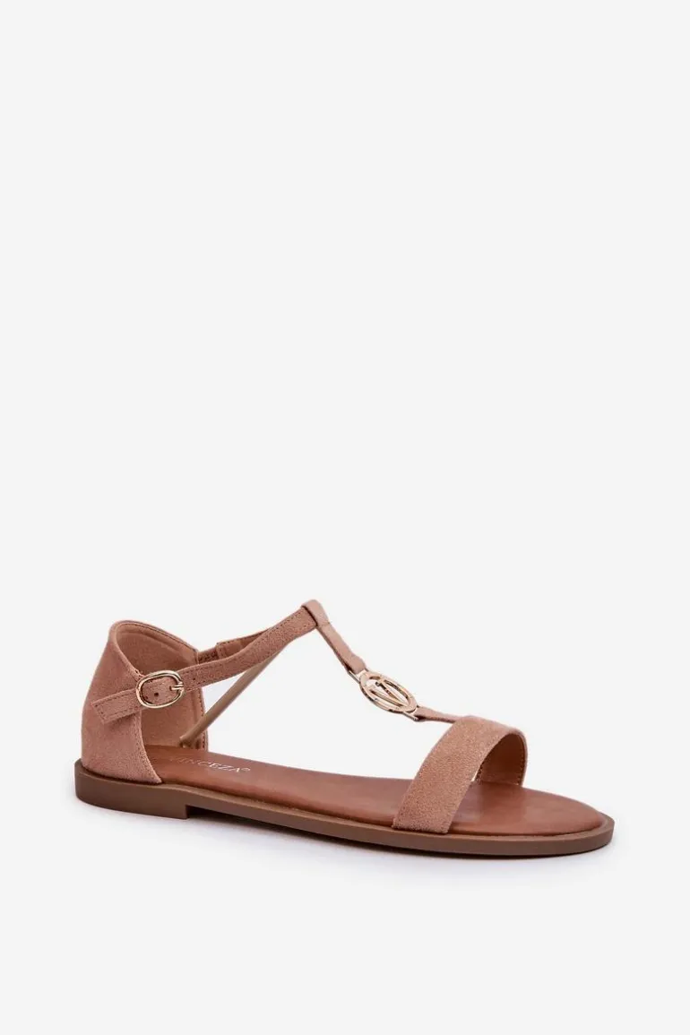 Płaskie Sandały Damskie Ze Złotą Ozdobą Vinceza 17321 Beżowe