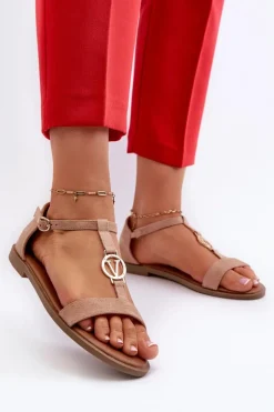 Płaskie Sandały Damskie Ze Złotą Ozdobą Vinceza 17321 Beżowe