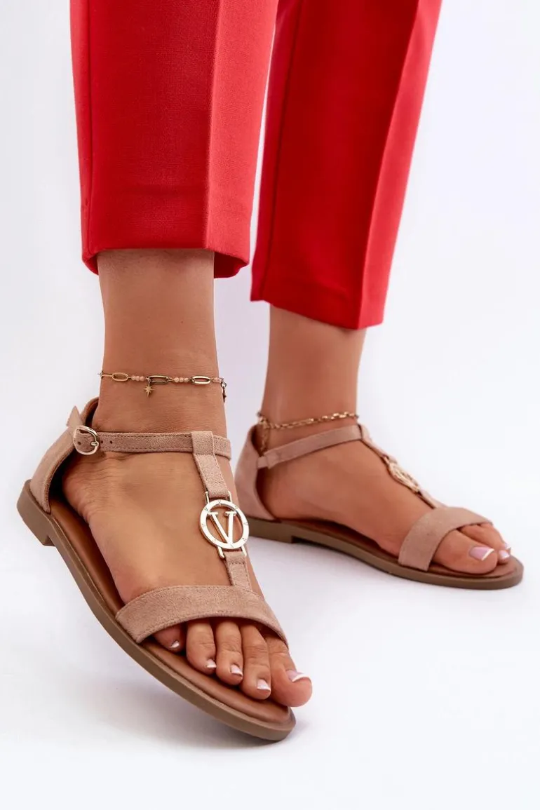 Płaskie Sandały Damskie Ze Złotą Ozdobą Vinceza 17321 Beżowe