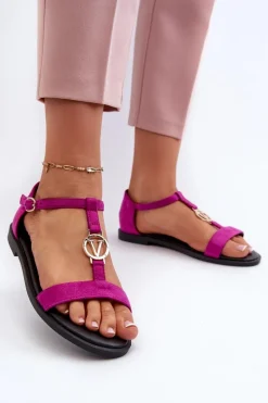 Płaskie Sandały Damskie Ze Złotą Ozdobą Vinceza 17321 Fuksja