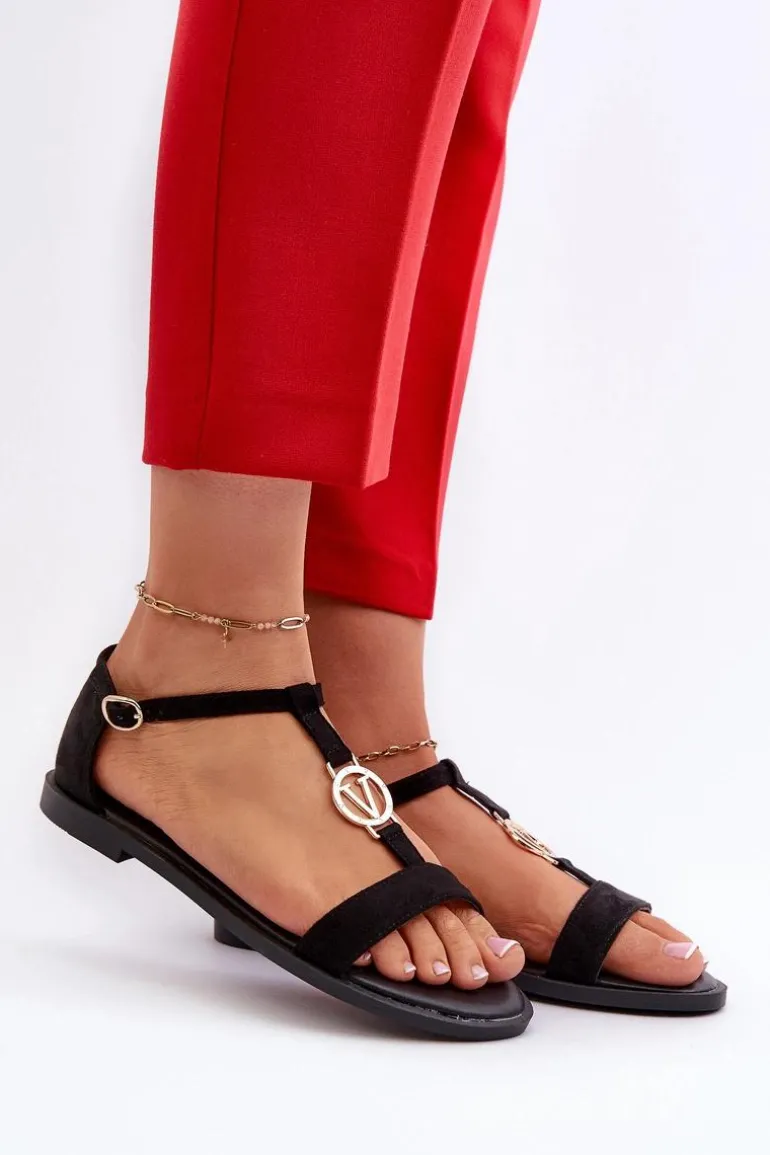 Płaskie Sandały Damskie Ze Złotą Ozdobą Vinceza 17321 Czarne