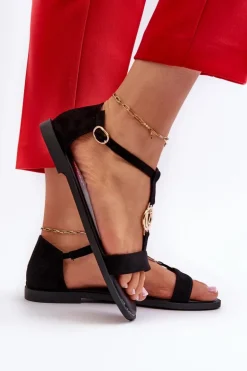 Płaskie Sandały Damskie Ze Złotą Ozdobą Vinceza 17321 Czarne