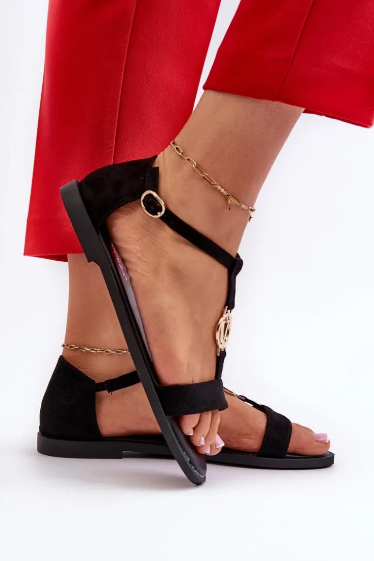 Płaskie Sandały Damskie Ze Złotą Ozdobą Vinceza 17321 Czarne