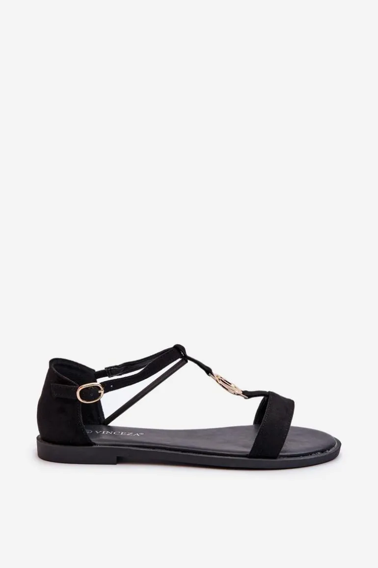 Płaskie Sandały Damskie Ze Złotą Ozdobą Vinceza 17321 Czarne
