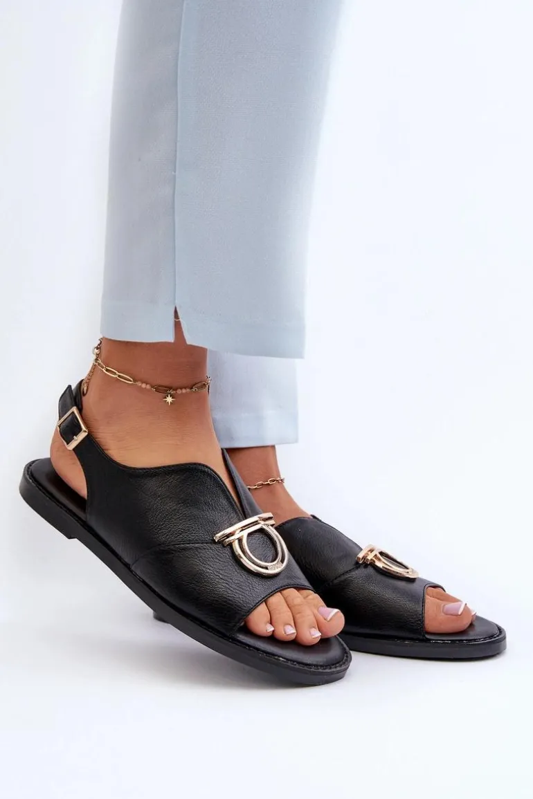 Płaskie Sandały Damskie Ze Złotą Ozdobą Vinceza 17319 Czarne