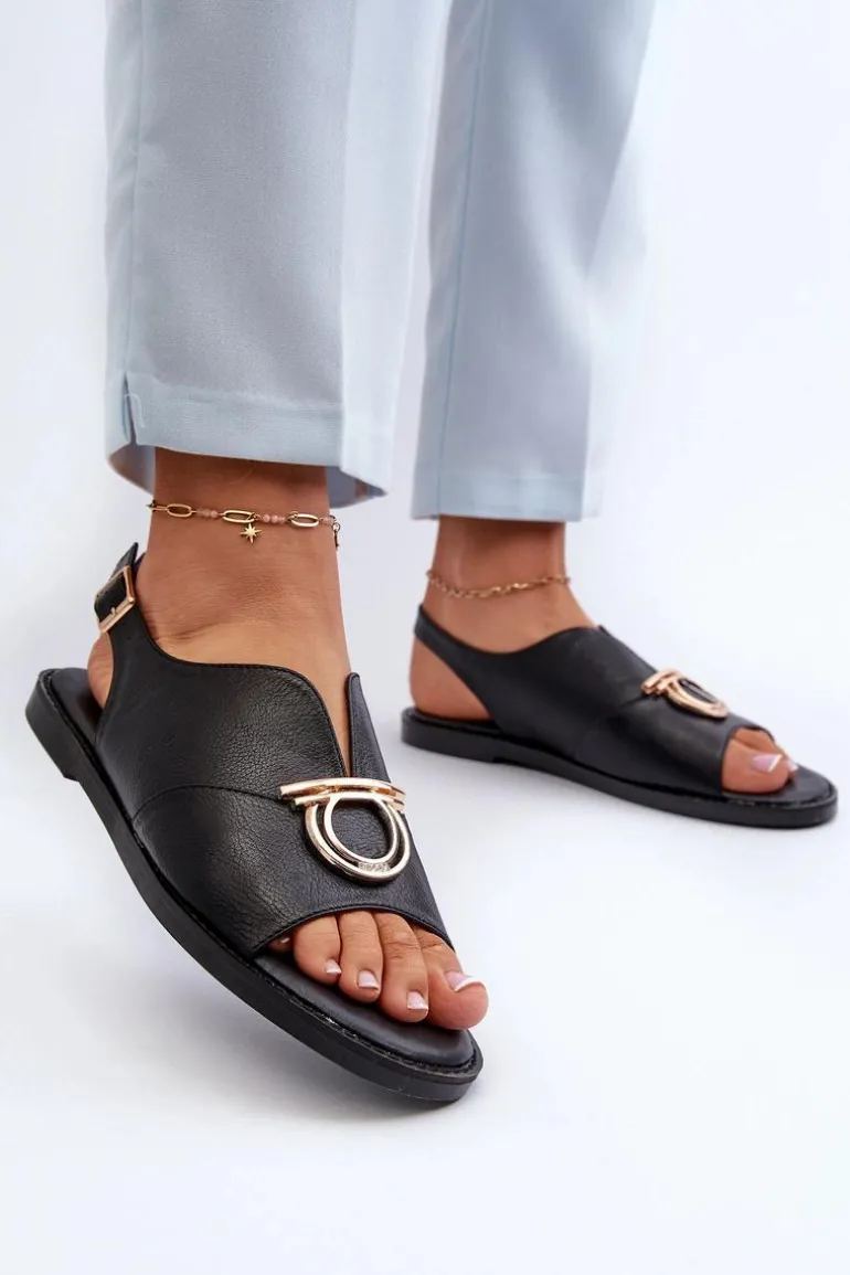 Płaskie Sandały Damskie Ze Złotą Ozdobą Vinceza 17319 Czarne