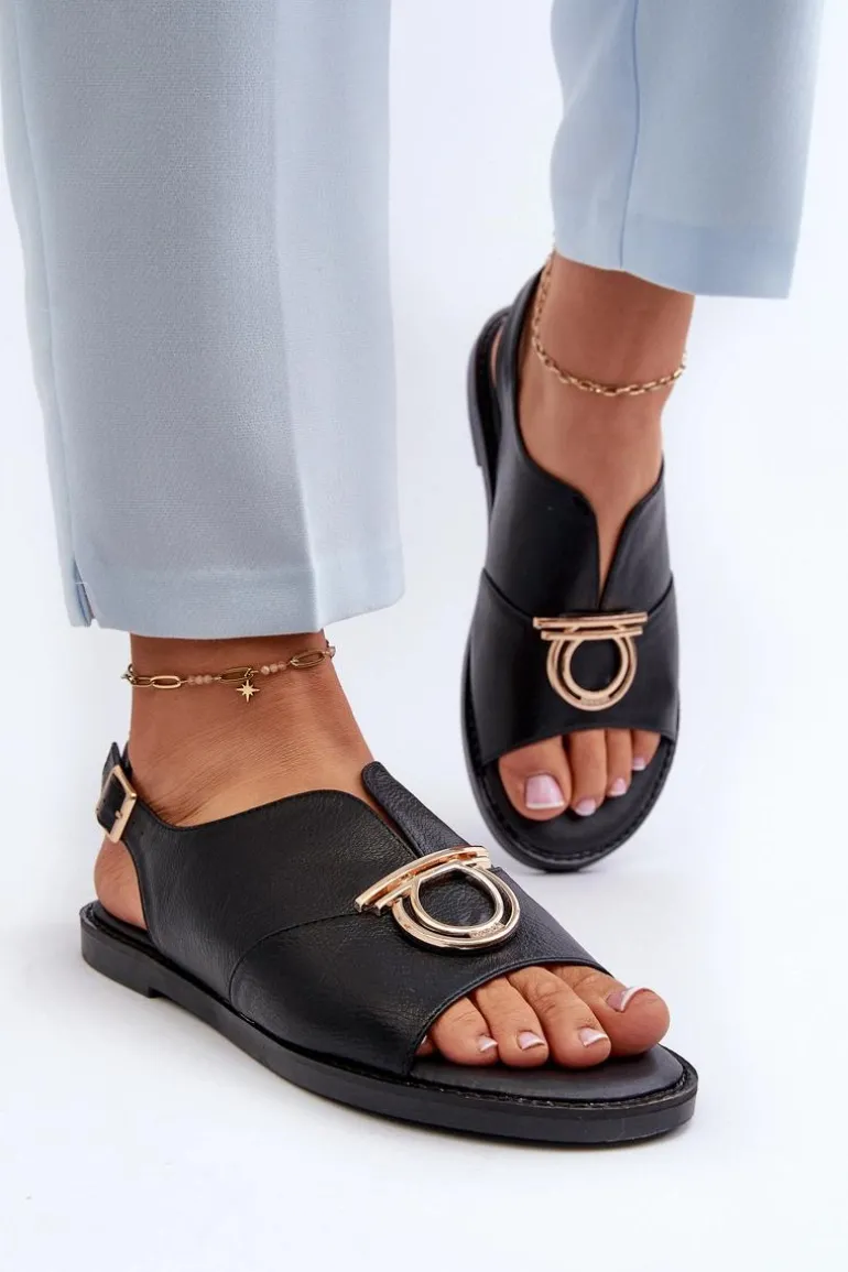 Płaskie Sandały Damskie Ze Złotą Ozdobą Vinceza 17319 Czarne