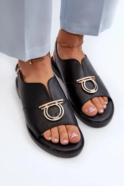 Płaskie Sandały Damskie Ze Złotą Ozdobą Vinceza 17319 Czarne