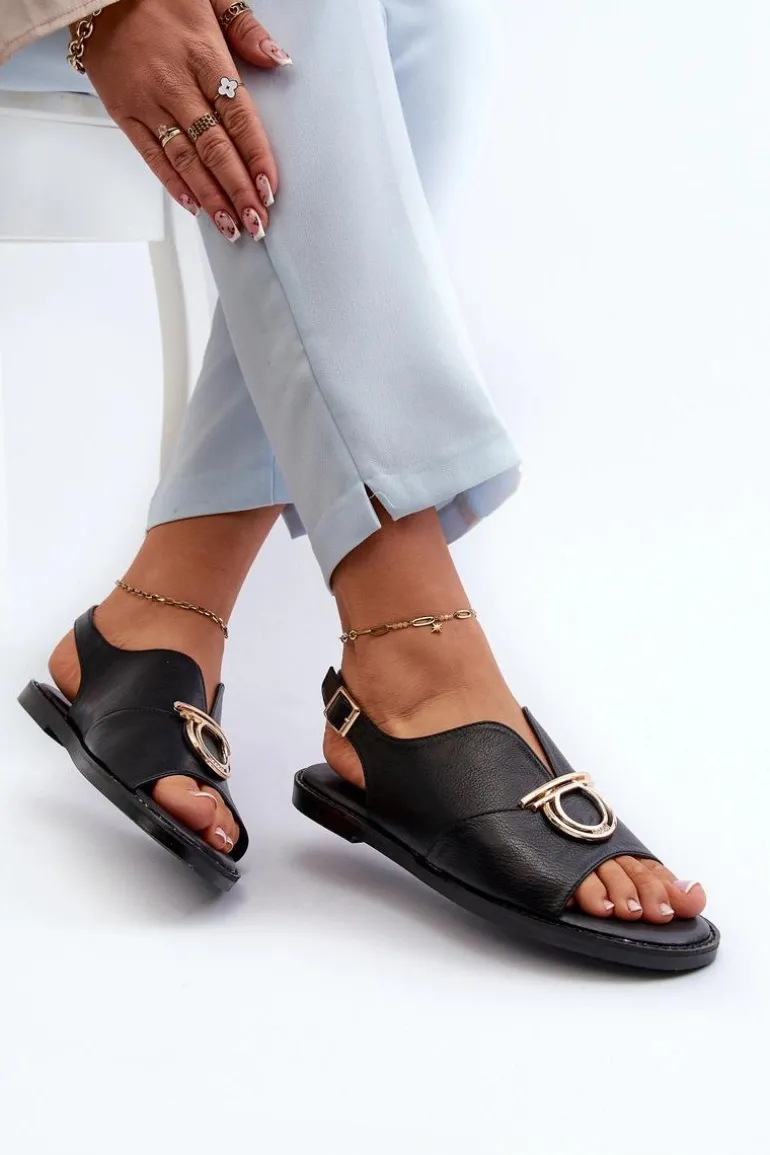 Płaskie Sandały Damskie Ze Złotą Ozdobą Vinceza 17319 Czarne