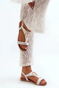 Płaskie Sandały Damskie Ze Złotą Ozdobą S.Barski KV27-051 Biało-Srebrne