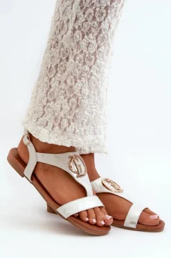 Płaskie Sandały Damskie Ze Złotą Ozdobą S.Barski KV27-051 Biało-Srebrne