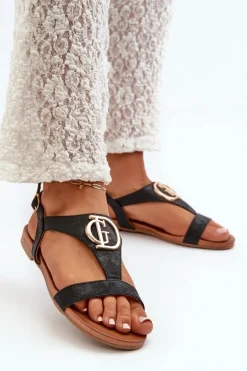 Płaskie Sandały Damskie Ze Złotą Ozdobą S.Barski KV27-051 Czarne