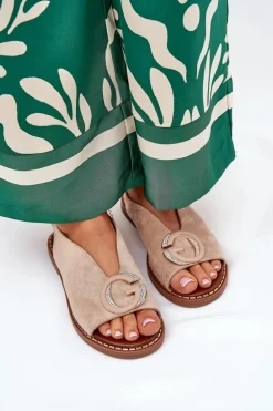 Płaskie Sandały Z Ozdobą Beżowe Haliones