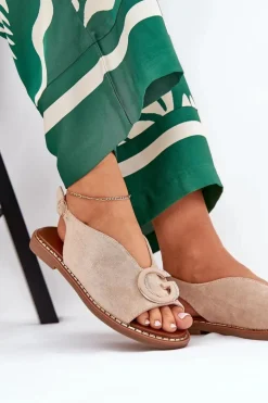 Płaskie Sandały Z Ozdobą Beżowe Haliones