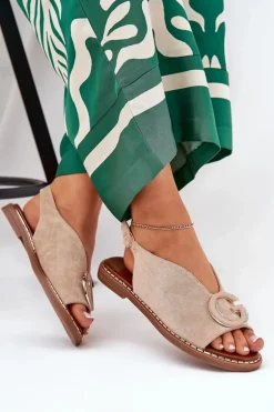 Płaskie Sandały Z Ozdobą Beżowe Haliones