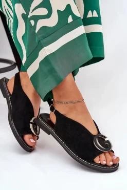 Płaskie Sandały Z Ozdobą Czarne Haliones