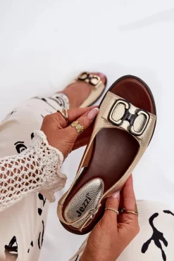 Płaskie Sandały Z Ozdobą Eko Skórzane Złote Lilria