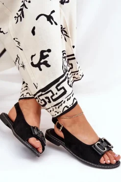 Płaskie Sandały Z Ozdobą Eko Zamszowe Czarne Lilria