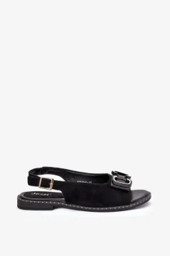 Płaskie Sandały Z Ozdobą Eko Zamszowe Czarne Lilria
