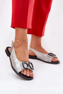 Płaskie Sandały Z Ozdobą Eko Skórzane Srebrne Lilria