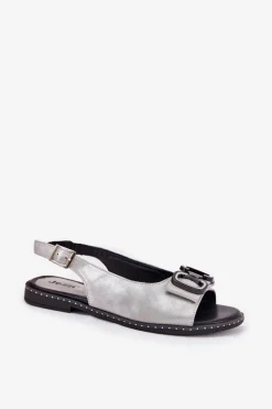 Płaskie Sandały Z Ozdobą Eko Skórzane Srebrne Lilria