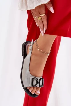 Płaskie Sandały Z Ozdobą Eko Skórzane Srebrne Lilria