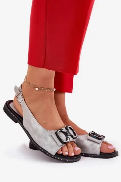 Płaskie Sandały Z Ozdobą Eko Skórzane Srebrne Lilria