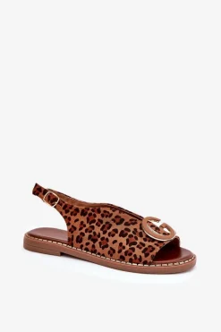Płaskie Sandały Z Ozdobą Panterka Brązowe Haliones