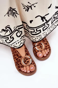 Płaskie Sandały Z Ozdobą Panterka Brązowe Haliones