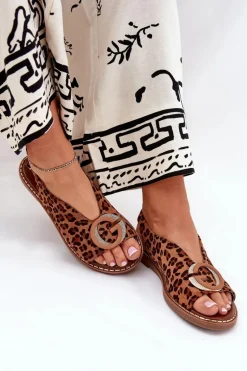 Płaskie Sandały Z Ozdobą Panterka Brązowe Haliones