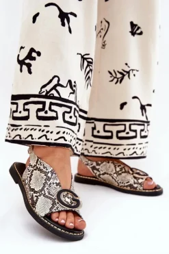 Płaskie Sandały Z Ozdobą Wężowy Wzór Beżowo-Brązowe Haliones