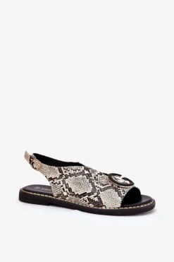 Płaskie Sandały Z Ozdobą Wężowy Wzór Beżowo-Brązowe Haliones