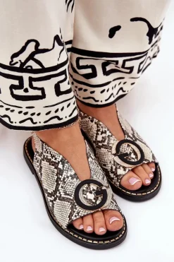 Płaskie Sandały Z Ozdobą Wężowy Wzór Beżowo-Brązowe Haliones