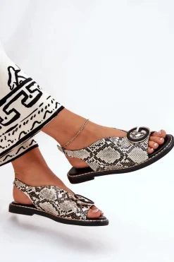 Płaskie Sandały Z Ozdobą Wężowy Wzór Beżowo-Brązowe Haliones