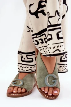 Płaskie Sandały Z Ozdobą Zielone Haliones