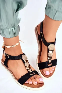 Płaskie Sandały Z Ozdobami Czarne Milton