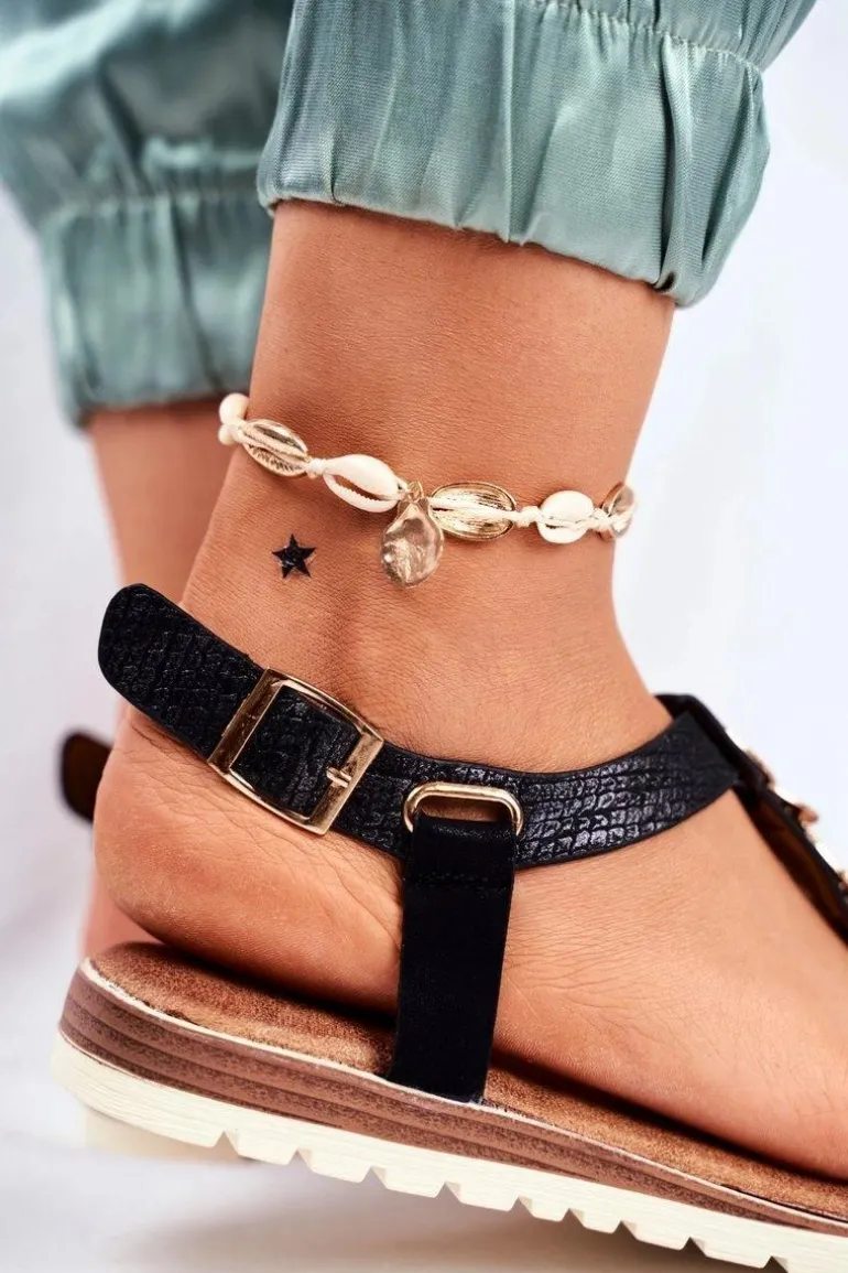 Płaskie Sandały Z Ozdobami Czarne Milton