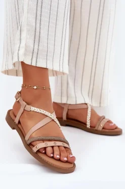 Płaskie Sandały Z Ozdobnymi Paskami Vinceza 17379 Beżowy