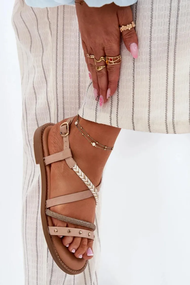 Płaskie Sandały Z Ozdobnymi Paskami Vinceza 17379 Beżowy