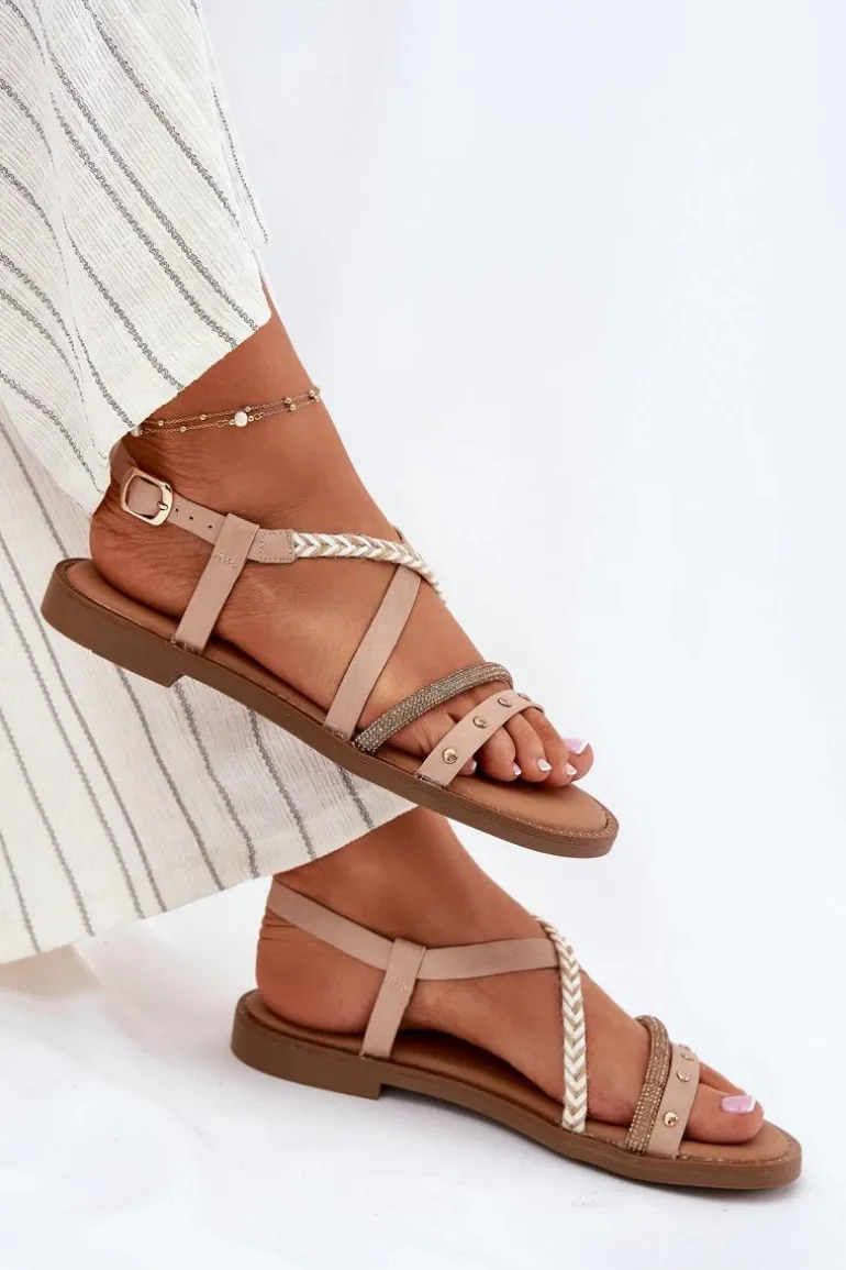 Płaskie Sandały Z Ozdobnymi Paskami Vinceza 17379 Beżowy