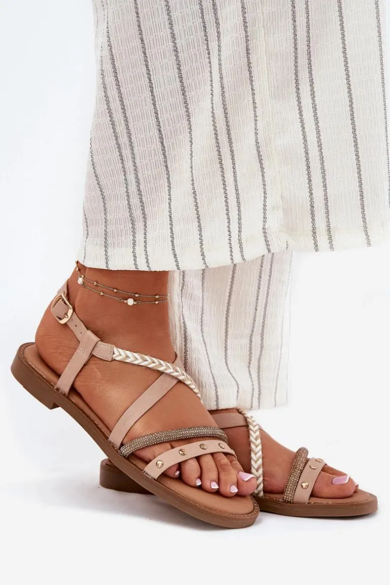 Płaskie Sandały Z Ozdobnymi Paskami Vinceza 17379 Beżowy