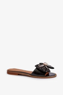 Płaskie Skórzane Klapki Damskie Z Kokardą Laura Messi 2791 Czarne