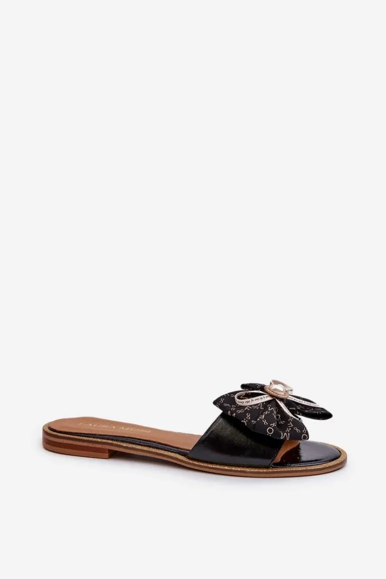 Płaskie Skórzane Klapki Damskie Z Kokardą Laura Messi 2791 Czarne