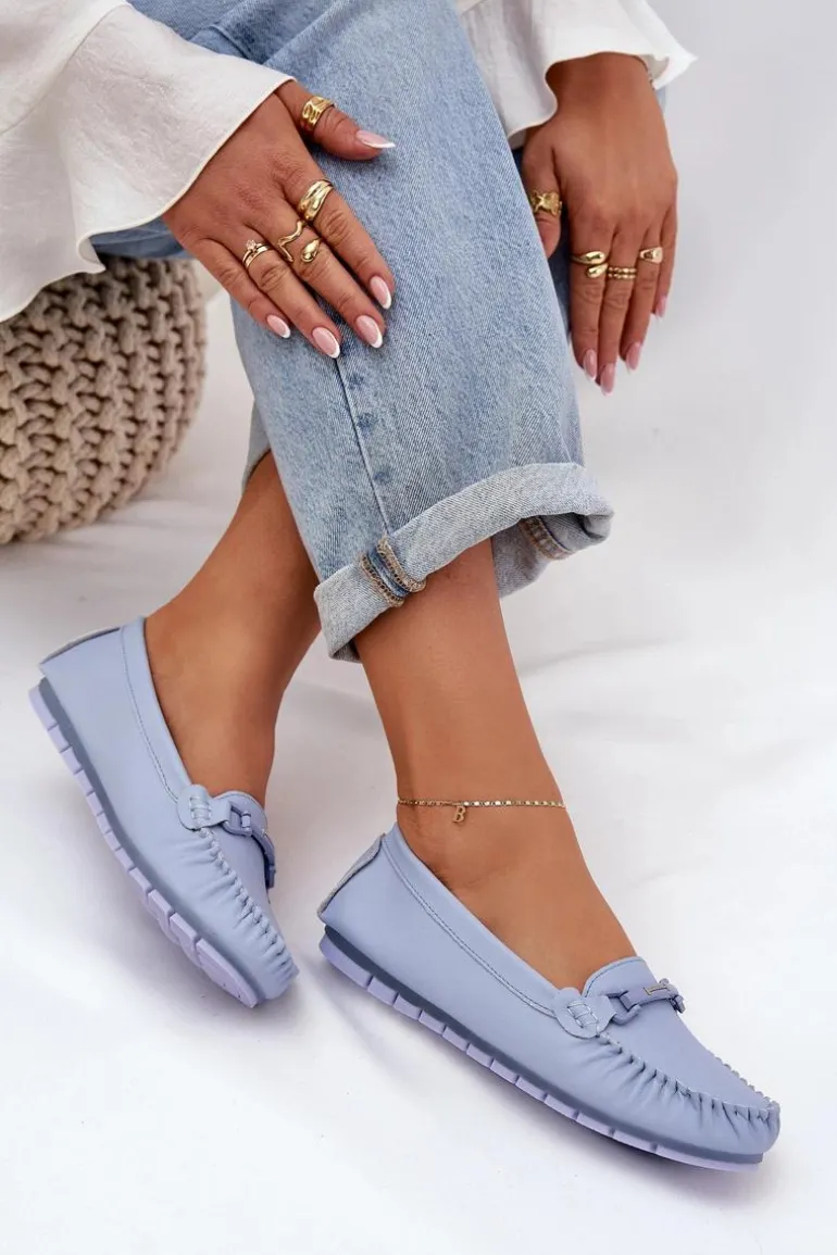 Płaskie Skórzane Mokasyny Z Ozdobą S.Barski LR51-547 Niebieskie