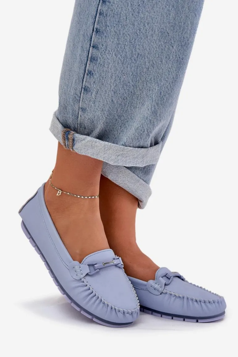 Płaskie Skórzane Mokasyny Z Ozdobą S.Barski LR51-547 Niebieskie