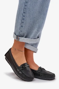 Płaskie Skórzane Mokasyny Z Ozdobą S.Barski LR51-547 Czarne