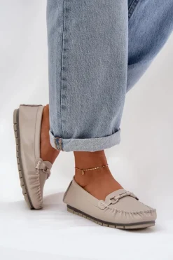 Płaskie Skórzane Mokasyny Z Ozdobą S.Barski LR51-547 Beżowe