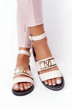 Płaskie Skórzane Sandały Beżowe On Time