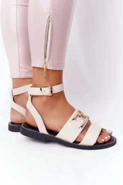 Płaskie Skórzane Sandały Beżowe On Time